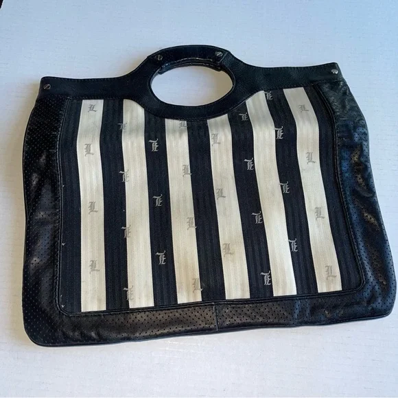 L.A.M.B. Gwen Stefani Black White Silver Stripe Leather Bag Clutch Tote Vintage - Picture 3 of 12